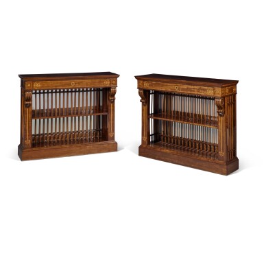 View full screen - View 1 of Lot 37. A Pair of Charles X Bois Citronnier Marquetry Mahogany Consoles Desserte, Circa 1830.