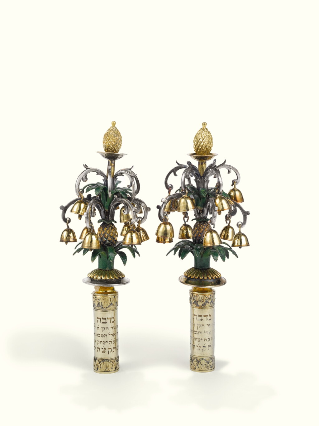 View full screen - View 1 of Lot 23. A PAIR OF ENGLISH SILVER-GILT AND ENAMEL "PINEAPPLE" MINIATURE TORAH FINIALS, MAKER'S MARK -C, PROBABLY LONDON, 1804.