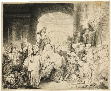 View full screen - View 1 of Lot 74. REMBRANDT HARMENSZ. VAN RIJN | THE TRIUMPH OF MORDECAI (B., HOLL. 40; NEW HOLL. 185; H. 172).