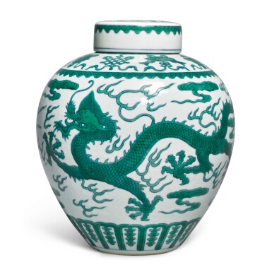 View full screen - View 1 of Lot 562. A FINE GREEN-ENAMELED 'DRAGON' JAR AND COVER, JIAQING SEAL MARK AND PERIOD.