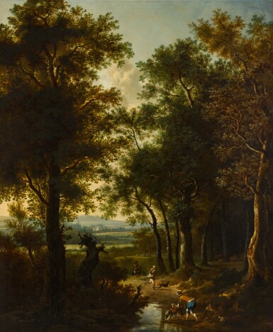 View full screen - View 1 of Lot 207. A wooded landscape with huntsmen, a castle in the distance .