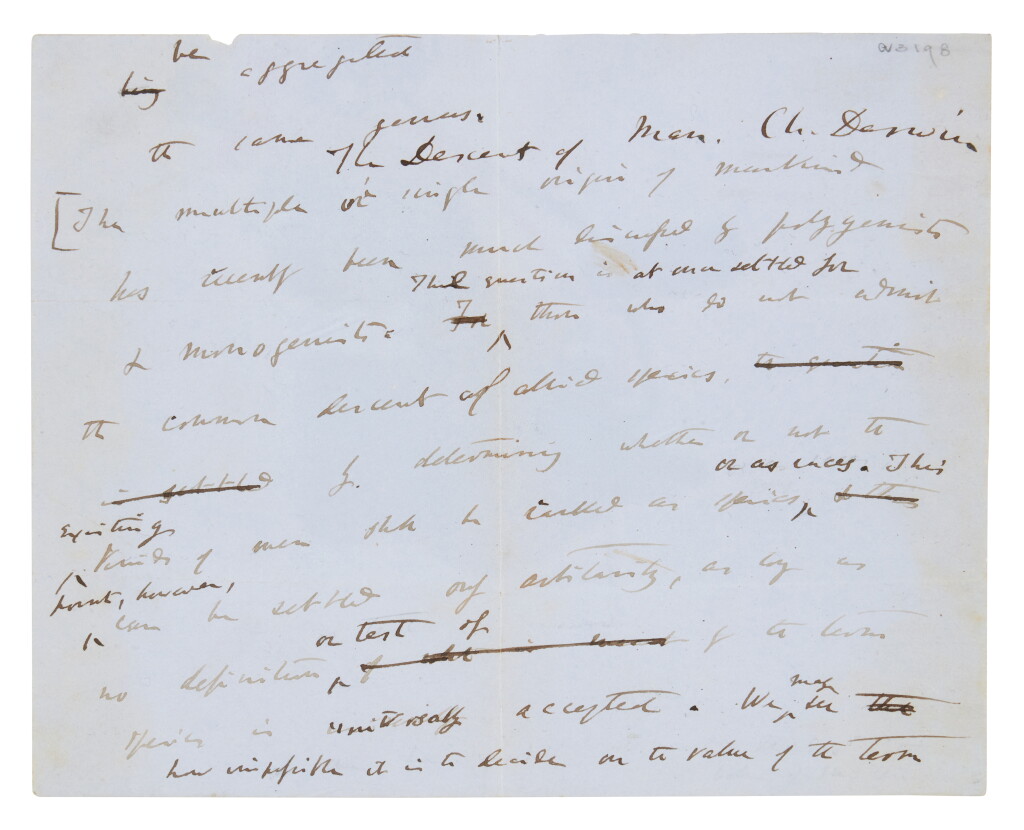 View full screen - View 1 of Lot 6. Darwin, Charles | A rare leaf from The Descent of Man, Darwin’s epoch-making treatise.