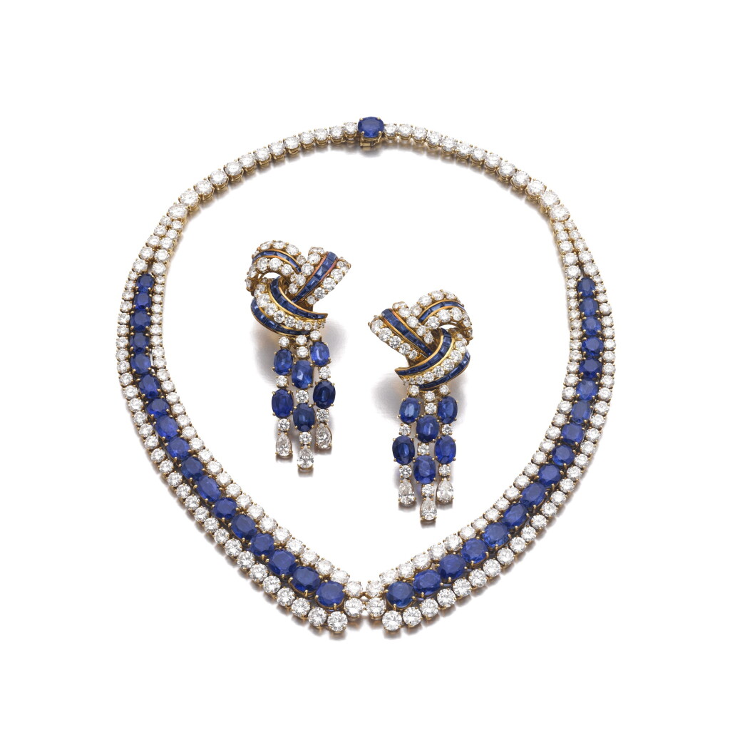 View full screen - View 1 of Lot 746. Sapphire and diamond necklace and a pair of ear clips.