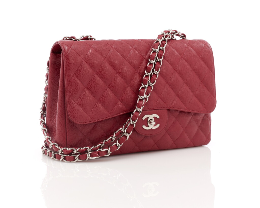 View full screen - View 1 of Lot 37. Red leather with silver-tone metal classic shoulder bag.