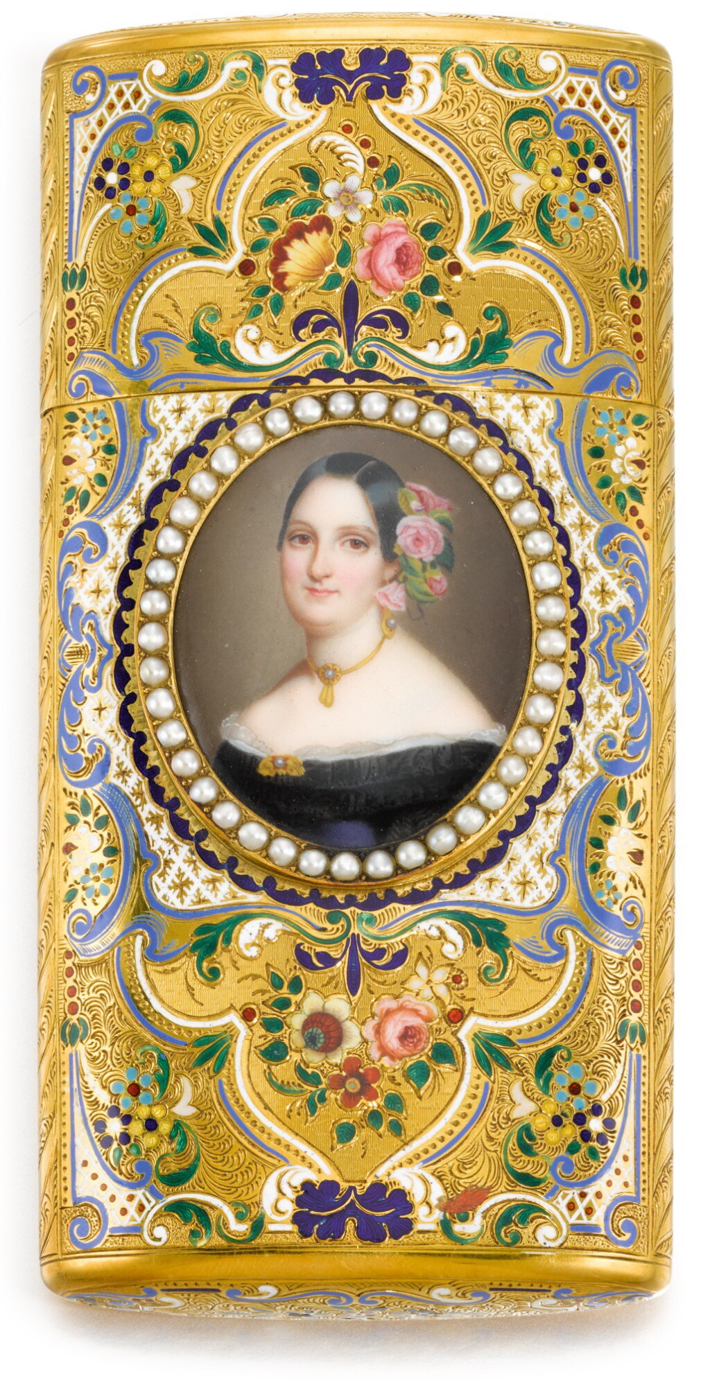 View full screen - View 1 of Lot 60. A GOLD AND ENAMEL CIGAR CASE WITH PEARL-FRAMED ENAMEL MINIATURE, GENEVA, CIRCA 1850.