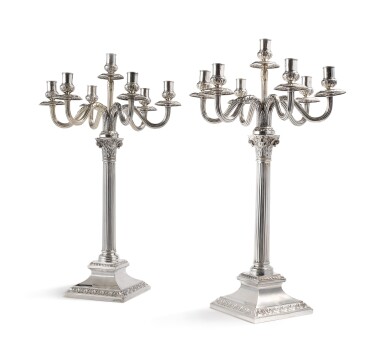 View full screen - View 1 of Lot 282. A PAIR OF GERMAN SILVER SEVEN-LIGHT CANDELABRA, WALLERSTEIN, EARLY 20TH CENTURY.