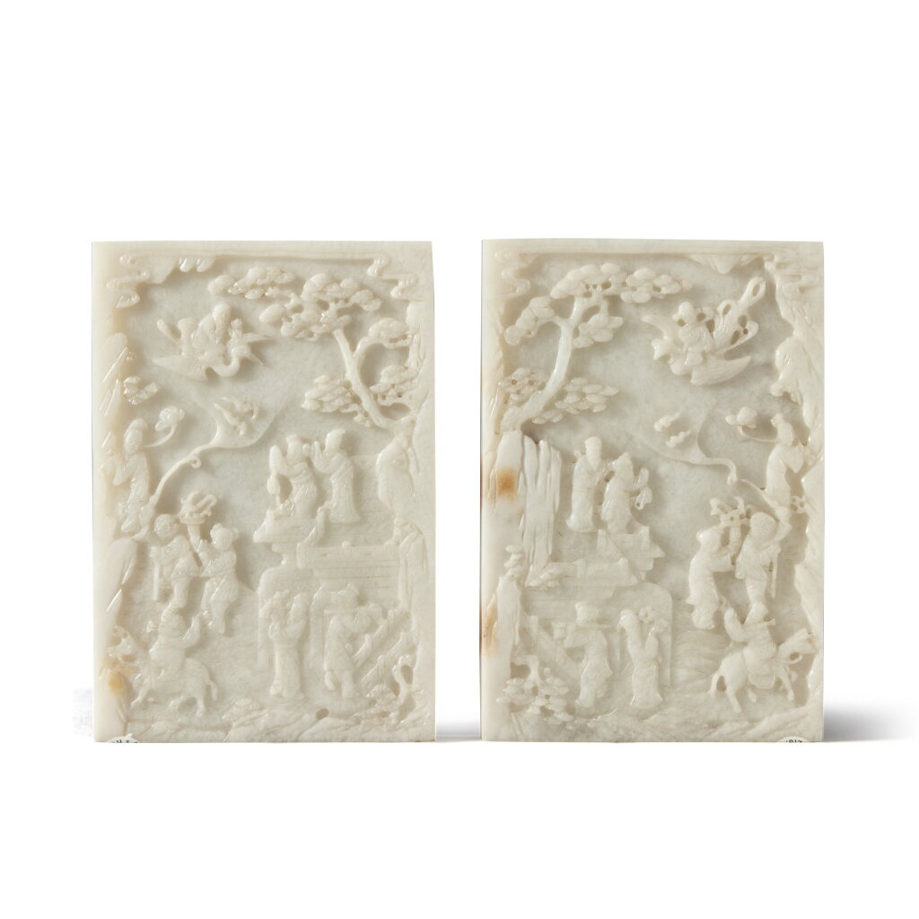 View full screen - View 1 of Lot 101. A pair of white jade 'immortals' table screens, Late Qing dynasty / Republic period | 清末 / 民國 白玉雕群仙賀壽圖硯屏一對.