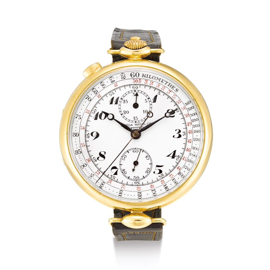 View full screen - View 1 of Lot 2196. OMEGA AND TISSOT | AN OVERSIZED YELLOW GOLD SINGLE BUTTON CHRONOGRAPH WRISTWATCH WITH ENAMEL DIAL, CIRCA 1915 | 奧米茄及天梭 | 加大黃金單按鈕計時腕錶,備琺瑯錶盤,錶殼編號766186,約1915年製.