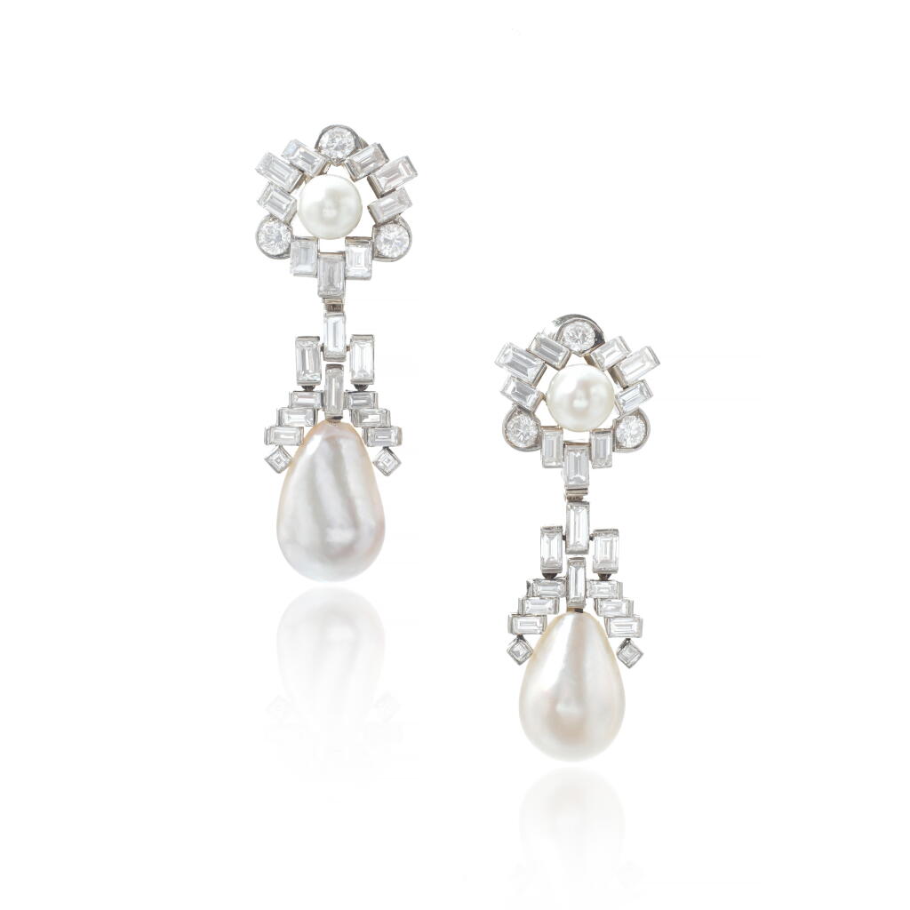 View full screen - View 1 of Lot 599. Fine pair of natural pearl, cultured pearl and diamond pendent ear clips, circa 1960.