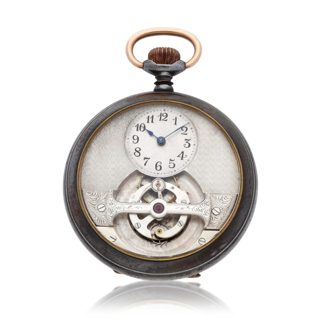 View full screen - View 1 of Lot 235. A gun metal open-faced keyless one-minute tourbillon watch with lever escapement Circa 1910, no. 102871.