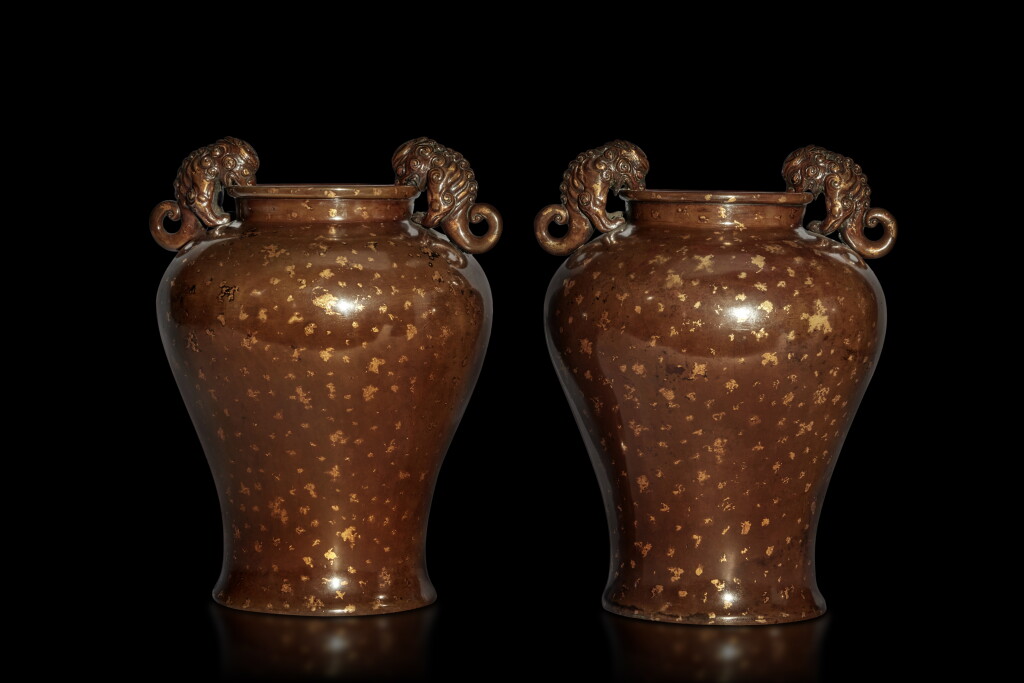 View full screen - View 1 of Lot 201. A pair of gold-splashed bronze vases, Qing dynasty, 18th century.