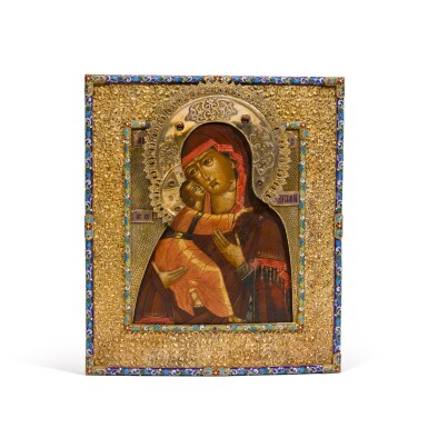 View full screen - View 1 of Lot 338. A silver-gilt, cloisonné and champlevé enamel icon of the Vladimir Mother of God, Ivan Ozeritskii, Moscow, 1874.