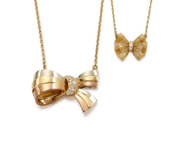 View full screen - View 1 of Lot 1629. Two Gold and Diamond Pendent Necklaces | 梵克雅寶 | K金 配 鑽石 項鏈兩條.