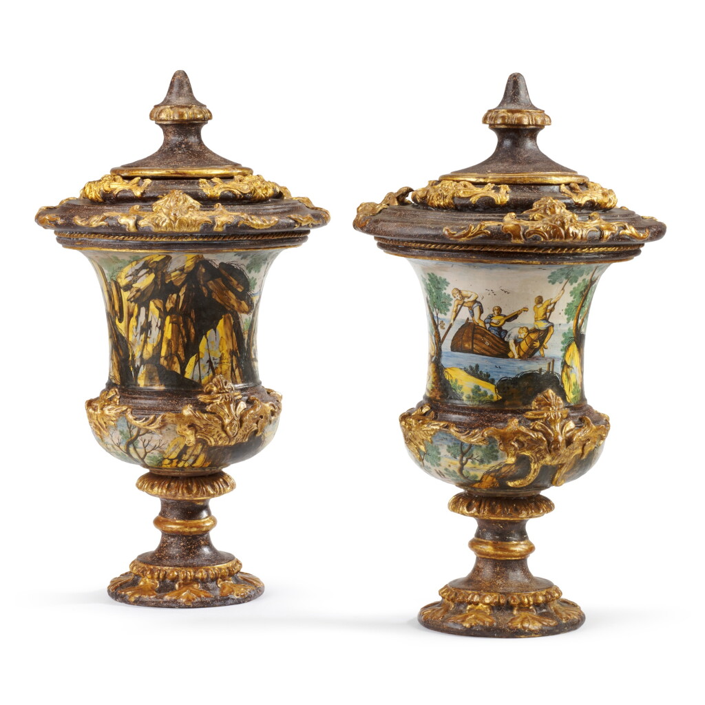 View full screen - View 1 of Lot 297. A pair of Tuscan maiolica vases and covers, Bartolomeo Terchi, Siena, circa 1726.