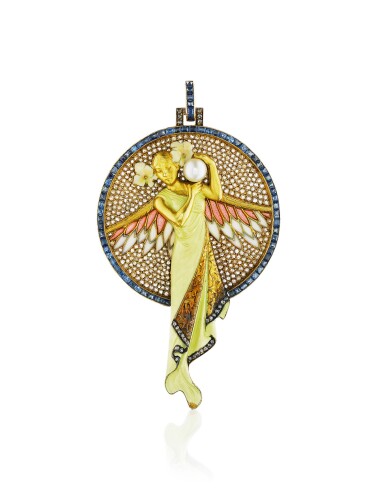 View full screen - View 1 of Lot 44. Pendentif émail, perle, saphirs et diamants | Enamel, pearl, sapphire and diamond pendant.
