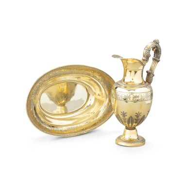 View full screen - View 1 of Lot 420. A silver-gilt ewer and basin, Louis Manant, Paris, 1829-1838 | Aiguière et son bassin en vermeil par Louis Manant, Paris, 1829-1838.