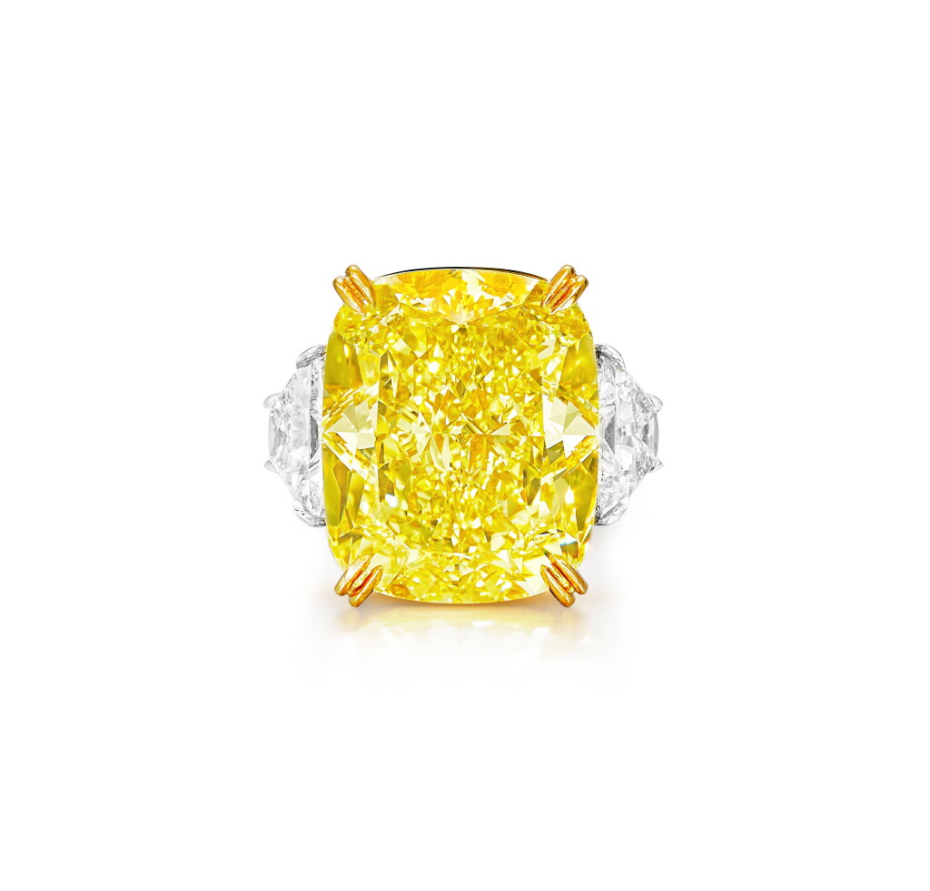 View full screen - View 1 of Lot 1886. Fancy Vivid Yellow Diamond and Diamond Ring | 36.25克拉艷彩黃色鑽石 配 1.63及1.47克拉 鑽石戒指.