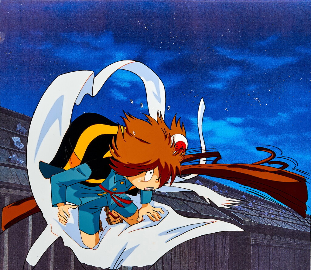 View full screen - View 1 of Lot 18. Kitarō Animation Cel with Douga and Printed Background | 鬼太郎賽璐璐,附線稿及印刷背景.