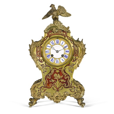 View full screen - View 1 of Lot 50. A Louis XV-style gilt-bronze mounted turtleshell contra-boulle mantel clock, circa 1860.
