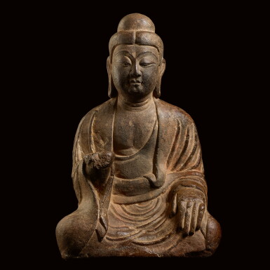 View full screen - View 1 of Lot 48. A FINELY CARVED LIMESTONE FIGURE OF SHAKYAMUNI BUDDHA TANG DYNASTY | 唐 石灰石雕釋迦牟尼佛坐像.