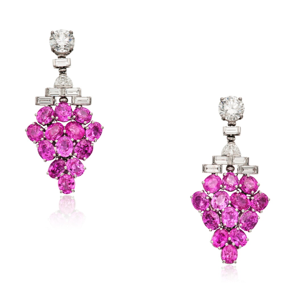 View full screen - View 1 of Lot 305. Pair of Pink Sapphire and Diamond Pendant-Earclips.