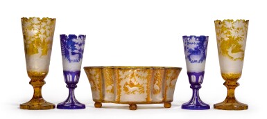 View full screen - View 1 of Lot 136. Two pairs of Bohemian stained and engraved glass vases and a quatrefoil jardinière, similar, late 19th century.