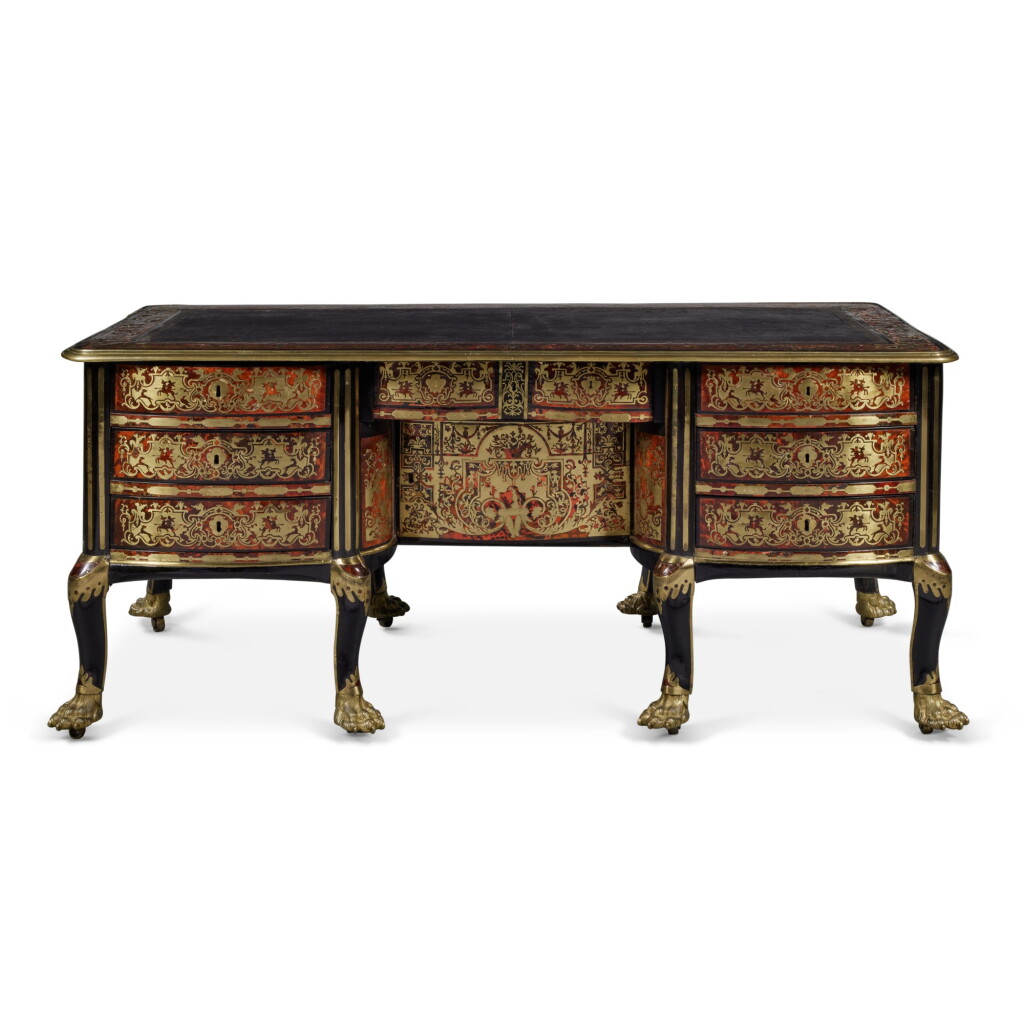View full screen - View 1 of Lot 74. A Large Louis XIV Gilt-Bronze Mounted Tortoiseshell Veneer and Brass Inlaid Boulle Marquetry Bureau, Circa 1700.