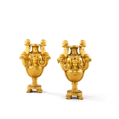 View full screen - View 1 of Lot 106. A pair of gilt-bronze ornamental vases, circa 1820-1830, after a model by Pierre Gouthière | Paire de vases d'ornement en bronze doré, vers 1820-1830, d'après un modèle de Pierre Gouthière.