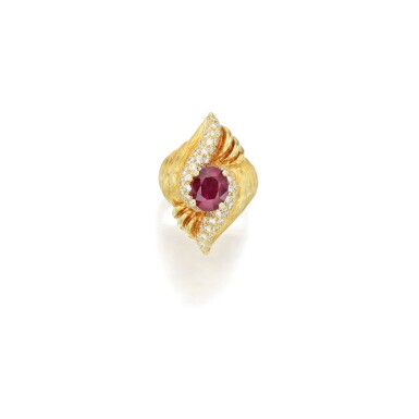 View full screen - View 1 of Lot 121. Henry Dunay | Gold, Ruby and Diamond Ring.