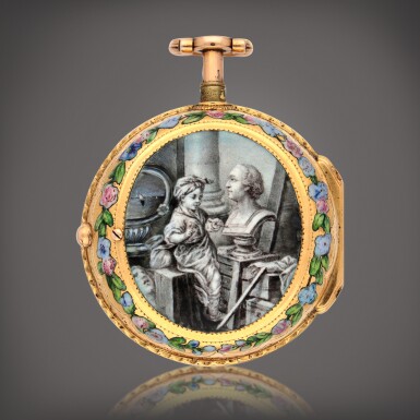 View full screen - View 1 of Lot 645. A yellow gold and enamel pair cased repeating verge watch, Circa 1770.