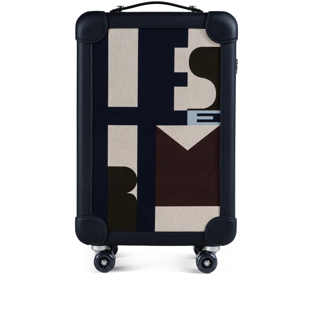 View full screen - View 1 of Lot 728. Bleu Indigo, Ecru, Beige, Bleu Nuit Printed H Plume Canvas and Taurillon Regate R.M.S. Rolling Mobility Suitcase Palladium Hardware.