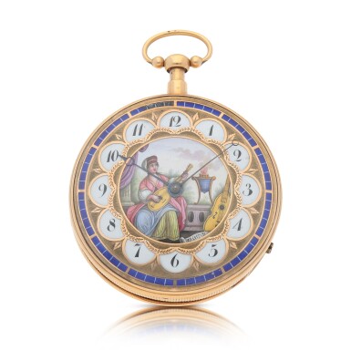 View full screen - View 1 of Lot 464. Gold and enamel open-faced quarter repeating musical cylinder watch Circa 1820 | Perrin frères 黃金畫琺瑯二問報時音樂懷錶,年份約1820.