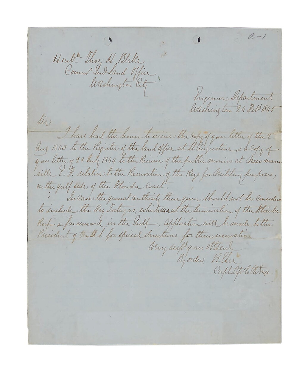 View full screen - View 1 of Lot 83. Lee, Robert E. A letter regarding the reservation of the Florida Keys for military forces.