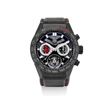 View full screen - View 1 of Lot 8240. TAG HEUER | CARRERA "AYRTON SENNA", REFERENCE CAR5A91 A LIMITED EDITION CERAMIC SEMI-SKELETONIZED TOURBILLON CHRONOGRAPH WRISTWATCH, CIRCA 2018.