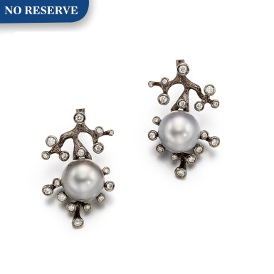 View full screen - View 1 of Lot 1197. PAIR OF CULTURED PEARL AND DIAMOND EARRINGS | 養殖珍珠 配 鑽石 耳環 一對.
