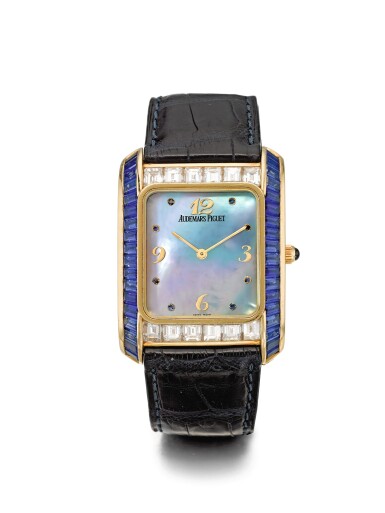 View full screen - View 1 of Lot 47. AUDEMARS PIGUET | A YELLOW GOLD, DIAMOND AND SAPPHIRE-SET RECTANGULAR WRISTWATCH CIRCA 2000.