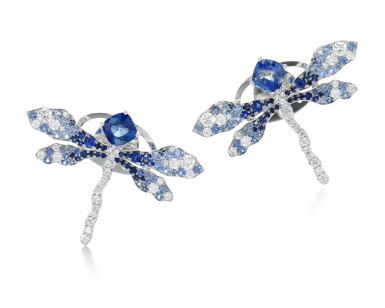 View full screen - View 1 of Lot 287. JAMES GANH | PAIR OF SAPPHIRE AND DIAMOND EARRINGS, 'BLUE DRAGONFLY'.