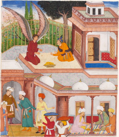 View full screen - View 1 of Lot 106. An illustration from Nizami's Iskandarnama from the Khamsa: An angel bringing a message for Iskandar, India, Mughal, circa 1600.