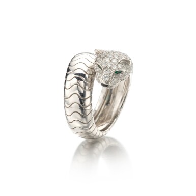 View full screen - View 1 of Lot 219. White Gold, Diamond, Emerald and Onyx 'Panthère Lakarda' Ring, France.