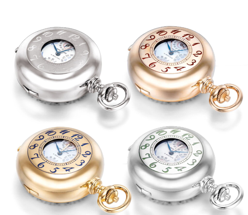 View full screen - View 1 of Lot 342. An exceptional, highly important and extremely rare set of four, 18k yellow gold, pink gold, white gold and platinum double dialled clock watches with 21 complications including Westminster chimes, minute repeating, power reserve indicator for movement and chime, perpetual calendar, leap year cycle, sunrise and sunset, running equation of time, sky chart, time of meridian passage by Sirius, lunar orbit, time of meridian passage by the moon, twenty four hours and rapid calendar correction, Signed Patek Philippe, Genève, Star Calibre 2000, Reference 990/1, Circa 2006, accompanied by unique wooden presentation box, four corresponding precious metal chaines, four setting pins and original certificate .