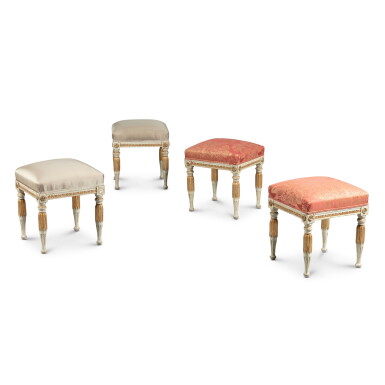 View full screen - View 1 of Lot 131. Two pairs of white painted parcel-gilt wooden stools, probably Swedish, possibly by Johan Erik Höglander | Deux paires de tabourets en bois peint en blanc et rechampé or, probablement suédois, probablement par Johan Erik Höglander.