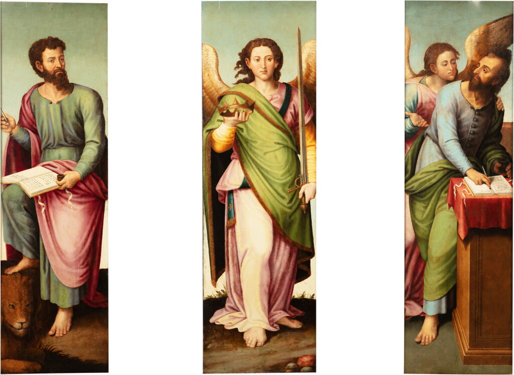 View full screen - View 1 of Lot 22. Joan de Joanes and Vicente Joan Macip, St Mark, Matthew and Gabriel | Saints Marc, Matthieu et Gabriel.
