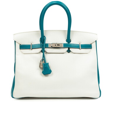 View full screen - View 1 of Lot 693. Blue Paradise and White Courchevel Birkin 35 Palladium Hardware, 2007 .