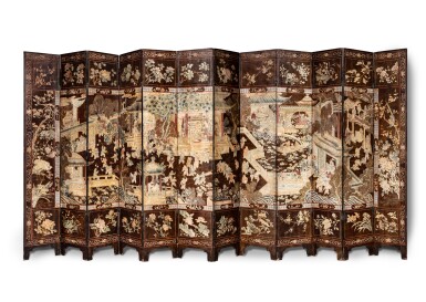View full screen - View 1 of Lot 58. A rare twelve-panel lacquer 'hundred boys' coromandel screen, Qing dynasty, 19th century | 清十九世紀 髹漆加彩百子圖十二扇屏風.