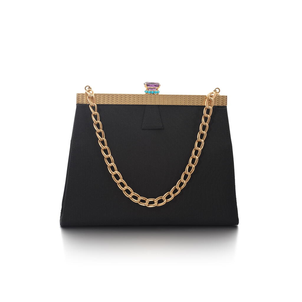 View full screen - View 1 of Lot 1104. Gold, gem set and silk evening bag, 1950s.