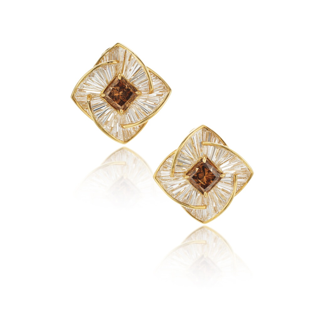 View full screen - View 1 of Lot 304. Pair of Coloured Diamond and Diamond Earclips.