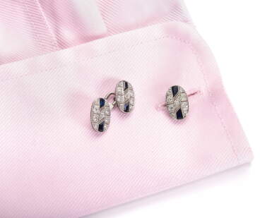 View full screen - View 1 of Lot 1070. PAIR OF SYNTHETIC SAPPHIRE AND DIAMOND CUFFLINKS.