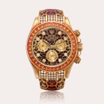 Cosmograph Daytona "Leopard", Reference 116598 SACO | A yellow gold, diamond and orange sapphire-set chronograph wristwatch with leopard motif dial, Circa 2000 | 勞力士 | Cosmograph Daytona "Leopard" 型號116598 SACO | 黃金鑲鑽石及橙色藍寶石計時腕錶,備豹紋錶盤,約2000年製