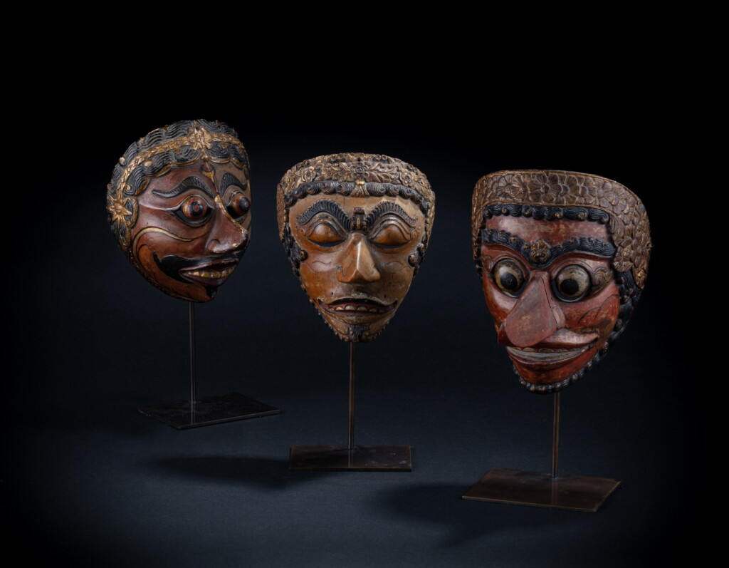 View full screen - View 1 of Lot 420. A group of three wood masks (Topeng), Indonesia, East Java and Madura, late 19th / early 20th century.