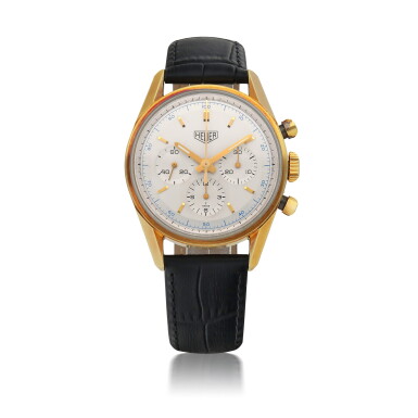 View full screen - View 1 of Lot 1159. HEUER | 'KHANJAR' CARRERA 1964 RE-EDITION, REF CS3140 YELLOW GOLD CHRONOGRAPH WRISTWATCH MADE FOR THE SULTANATE OF OMAN CIRCA 2000.